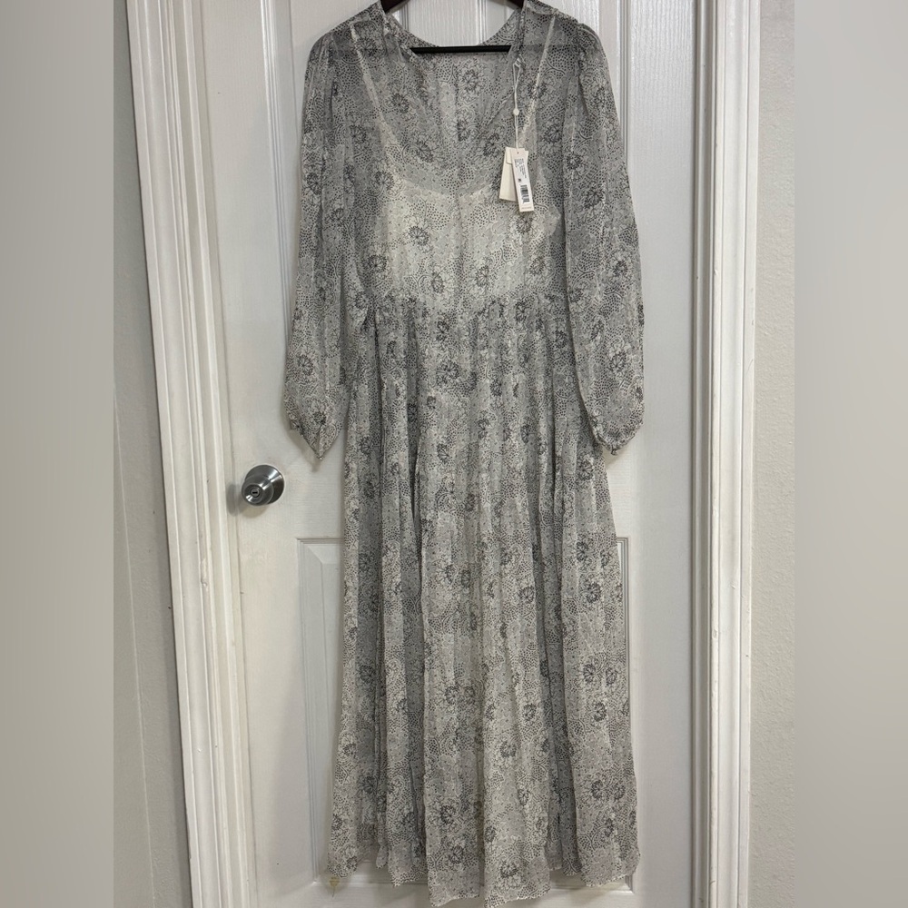 Rebecca Taylor Long Sleeve Pintuck Silk Dress Gray Floral Size 10 NWT $525 - Picture 2 of 12